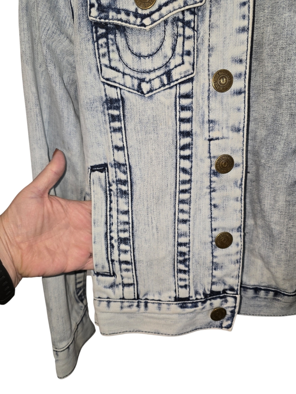 True Religion Kids Denim Jimmy Trucker Jacket Acid Wash Rope Stitch Blue Size Sm - Picture 4 of 12